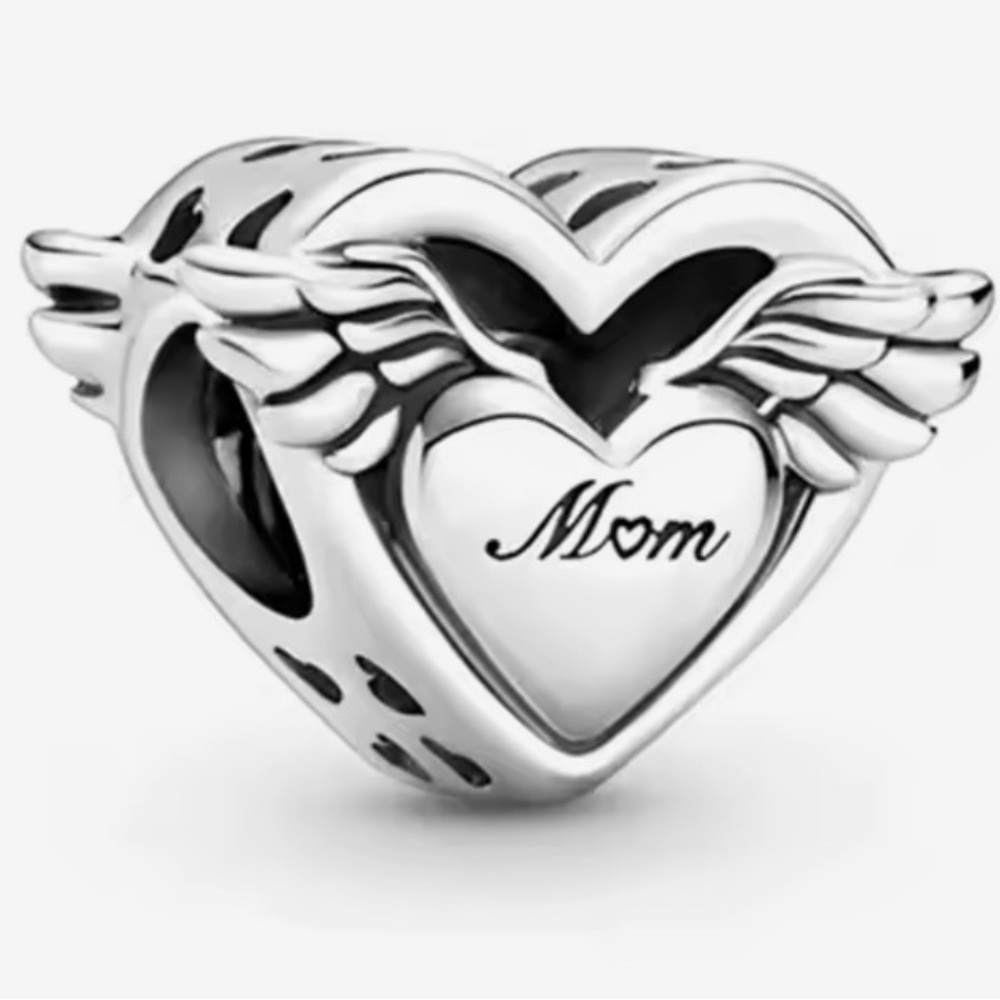 .925 Sterling Silver Winged Heart Mom Charm